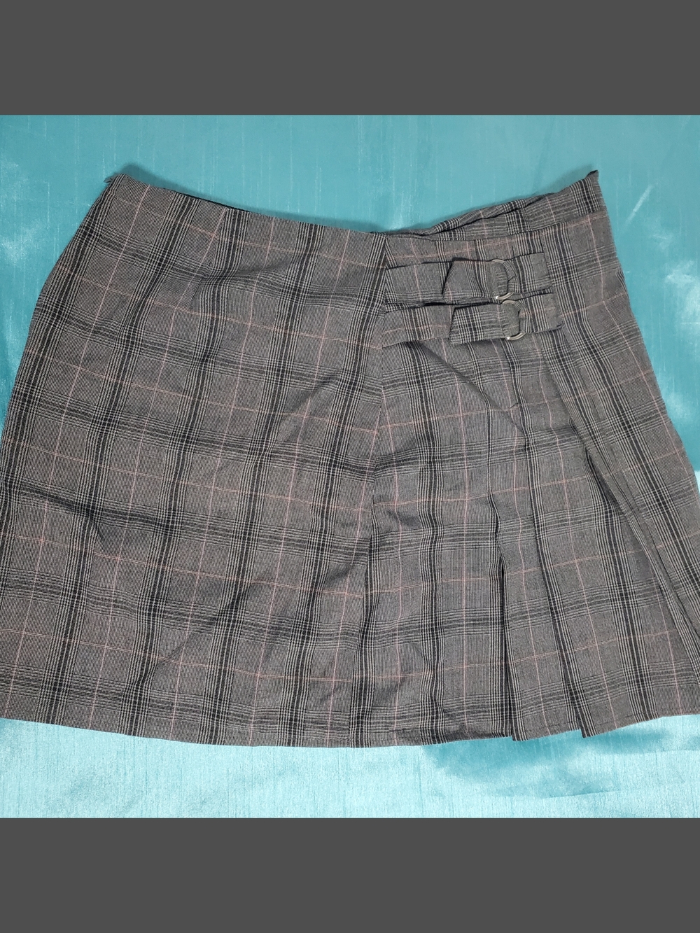 Gray Plaid Mini Skirt with Buckle Detail